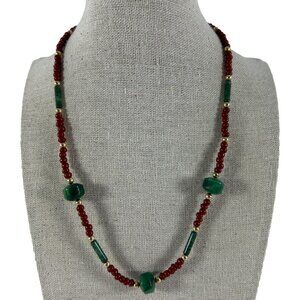 Gold Tone Necklace Green Red Maroon Beads Spacers 17.5" Long Fashion Jewelry